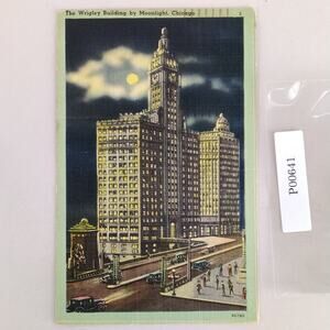The Wrigley Building by Moonlight Chicago Illinois 1940s Linen Postcard IL 1946